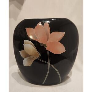 Vintage Toyo Japan Black Porcelain Vase with Peach Floral Design, Mid-Century